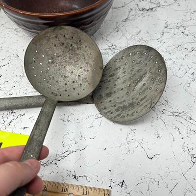Vintage crock, Bowl and Strainer Ladles