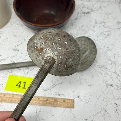 Vintage crock, Bowl and Strainer Ladles