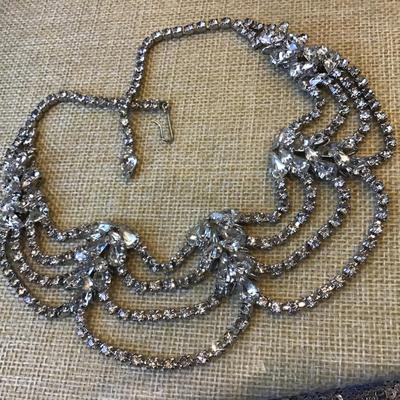Vintage Clear Rhinestone Multi Strand  Prong Necklace Drape  Adjusts