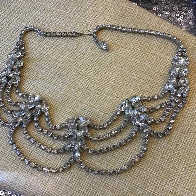 Vintage Clear Rhinestone Multi Strand  Prong Necklace Drape  Adjusts