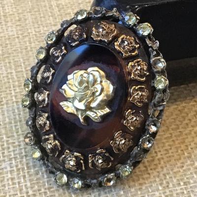 Brown Glass Rose Scarf Cameo Clip Vintage
