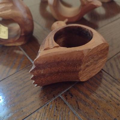Set of Eight Hand Carved Wood Figural Bird Napkin Rings