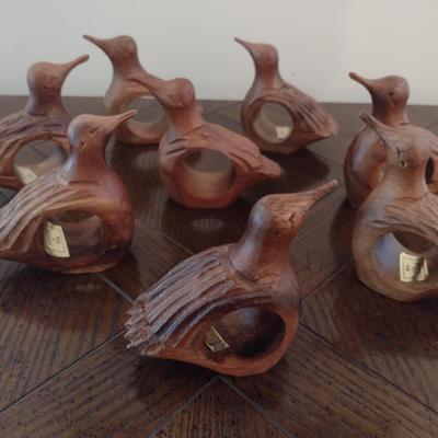 Set of Eight Hand Carved Wood Figural Bird Napkin Rings