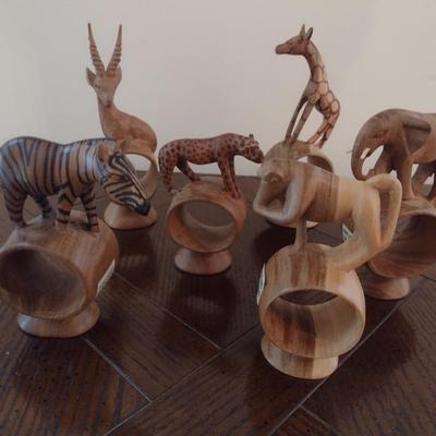 Unique Set of Six Wild Animal Wood Carved Napkin Rings