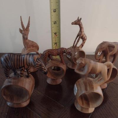 Unique Set of Six Wild Animal Wood Carved Napkin Rings