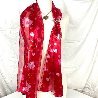 251 Red Heart Scarf, Love Heart Necklace, Rhinestone Heart Barrette, Heart Ring