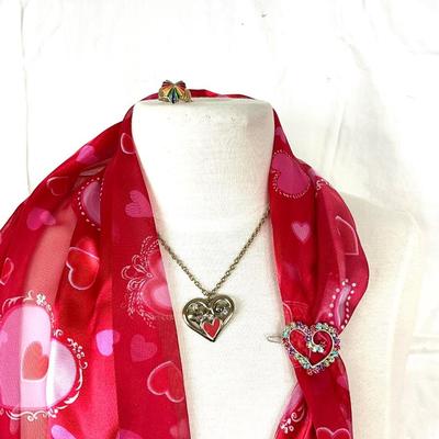 251 Red Heart Scarf, Love Heart Necklace, Rhinestone Heart Barrette, Heart Ring