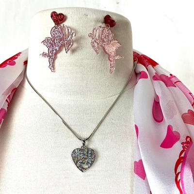 252 Red and White Love Scarf, Love Sign, Cupid Earrings, Rhinestone Heart Necklace