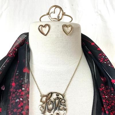 253 Black & Red Heart Scarf, Love Necklace, Heart Earrings, and Bangle Bracelet