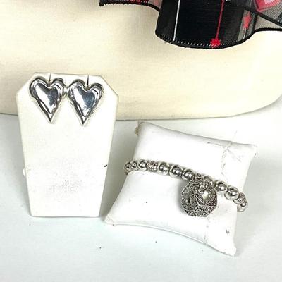 254 LOVE Rhinestone Hat with Black/Red Heart Scarf, Silvertone Heart Earrings, Locket Box Bracelet