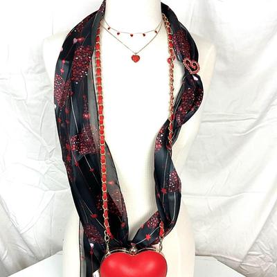 255 Heart Shaped Purse, Heart Black Scarf, Two Enamel & Rhinestone Necklaces, Rhinestone Heart Barrette