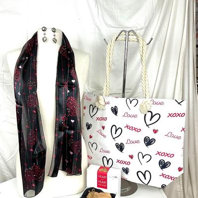 256 Love Tote Bag with Black and Red Heart Scarf, Silver Heart Ball Earrings, Heart Paperweight