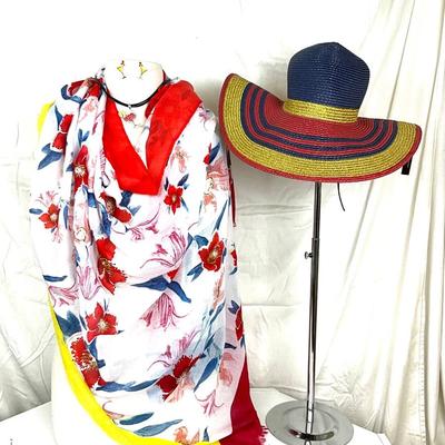 257 Boho Straw Hat with Floral Wrap, Rhinestone Cocktail Necklace with Enamel Earrings