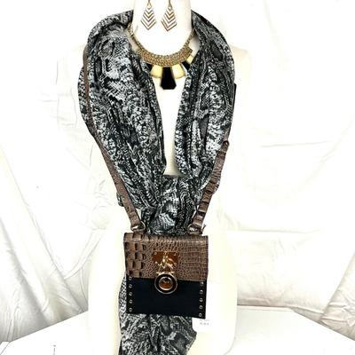 258 Black and White Snake Skin Style Scarf, Small Handbag, Statement Necklace, Silver & Gold Earrings