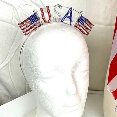 260 USA Rhinestone Tiara, Flag Scarf, Rhinestone Necklace & Earring Set