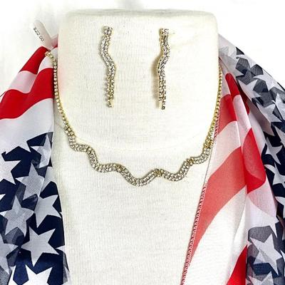 260 USA Rhinestone Tiara, Flag Scarf, Rhinestone Necklace & Earring Set