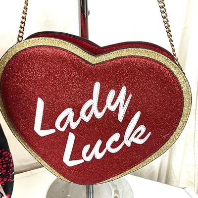 261 Lady Luck Heart Handbag, Black, Red Heart Scarf, Heart Necklace, Rhinestone Locket Bracelet, Barrette, Earrings