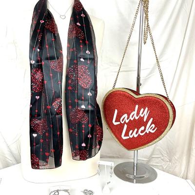 261 Lady Luck Heart Handbag, Black, Red Heart Scarf, Heart Necklace, Rhinestone Locket Bracelet, Barrette, Earrings