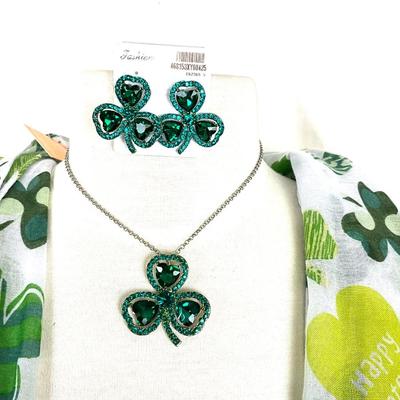 262 Shamrock Infinity Scarf, Shamrock Rhinestone Necklace and Earring