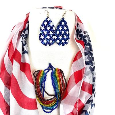 263 USA Scarf, Star Earrings, Rainbow Bracelet