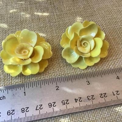Large Vintage Celluloid Pale Yellow Flower Clip On Earrings