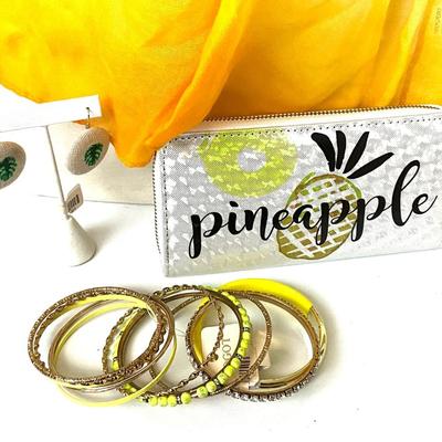 264 Pineapple Crush Lot, Clutch, Bangles, Earrings, Palm Earrings, Shawl, Palm Tree Necklace Set