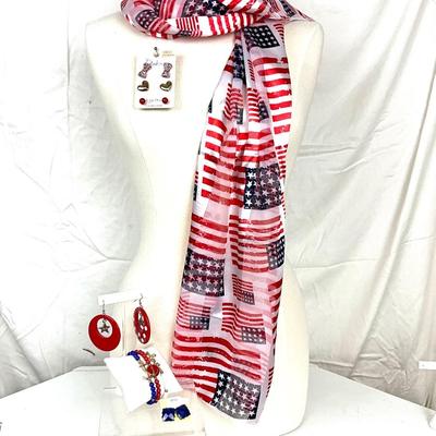 265 Red White and Blue Scarf, Star Earrings, Blue Rhinestone Earrings, Stretch Bracelet and more