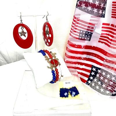 265 Red White and Blue Scarf, Star Earrings, Blue Rhinestone Earrings, Stretch Bracelet and more