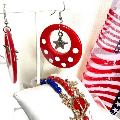 265 Red White and Blue Scarf, Star Earrings, Blue Rhinestone Earrings, Stretch Bracelet and more