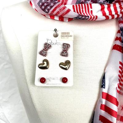 265 Red White and Blue Scarf, Star Earrings, Blue Rhinestone Earrings, Stretch Bracelet and more