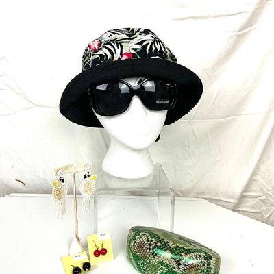 266 Tropical Bucket Hat with Sunglasses, Parrot Beaded Earrings, Black and Red Earrings