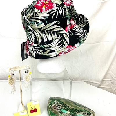 266 Tropical Bucket Hat with Sunglasses, Parrot Beaded Earrings, Black and Red Earrings