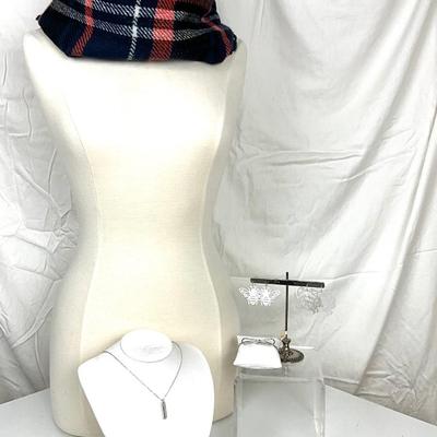 267 Tartan Plaid Wool Infinity Scarf, Necklace, Crab and Bee Earrings, with stand