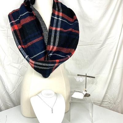 267 Tartan Plaid Wool Infinity Scarf, Necklace, Crab and Bee Earrings, with stand