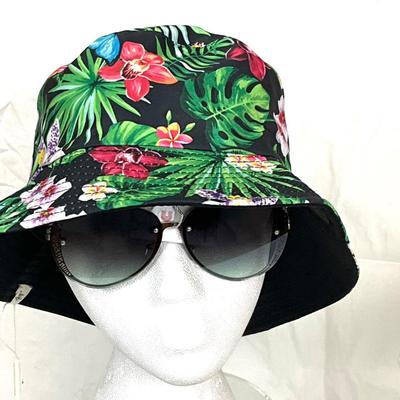 268 Tropical Bucket Hat with Sunglasses, Matching Leaf Earrings, Enamel Bangle Bracelet