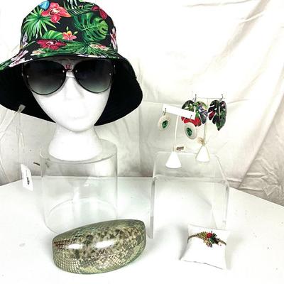 268 Tropical Bucket Hat with Sunglasses, Matching Leaf Earrings, Enamel Bangle Bracelet