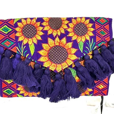 269 Embroidered Sunflower Purse with Rainbow Stretch Bracelets, and Floral Clutch