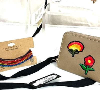 269 Embroidered Sunflower Purse with Rainbow Stretch Bracelets, and Floral Clutch