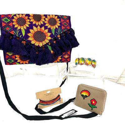 269 Embroidered Sunflower Purse with Rainbow Stretch Bracelets, and Floral Clutch