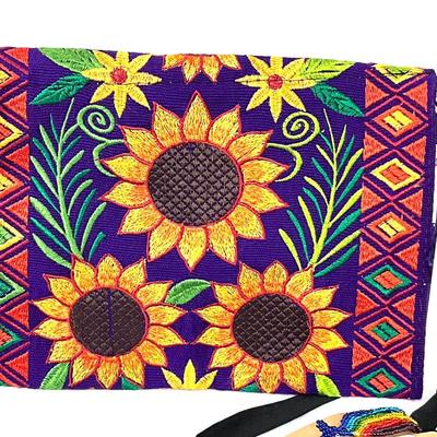 269 Embroidered Sunflower Purse with Rainbow Stretch Bracelets, and Floral Clutch