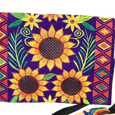 269 Embroidered Sunflower Purse with Rainbow Stretch Bracelets, and Floral Clutch