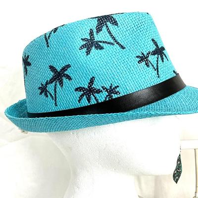 271 Blue Palm Tree Straw Fedora Hat with Turquoise Stretch Bracelets, Leather Necklace and Earrings