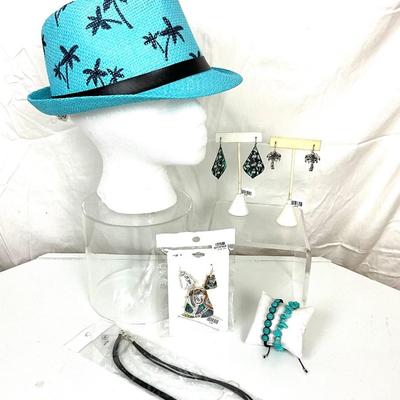 271 Blue Palm Tree Straw Fedora Hat with Turquoise Stretch Bracelets, Leather Necklace and Earrings
