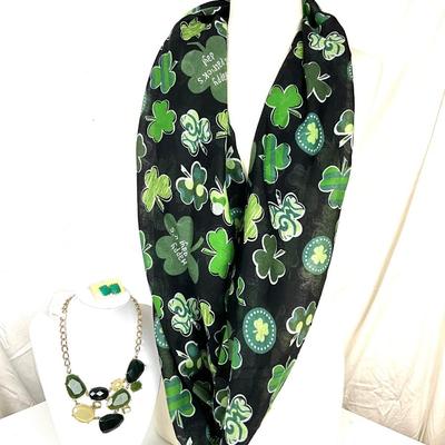 275 Shamrock Infinity Shawl, Green Statement Necklace and Earrings