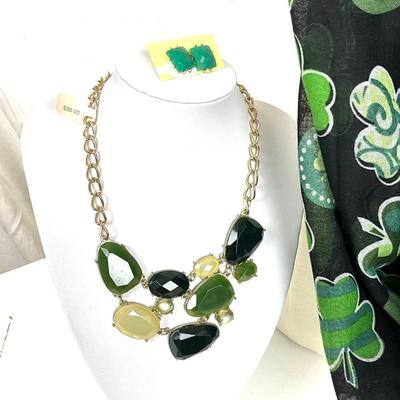 275 Shamrock Infinity Shawl, Green Statement Necklace and Earrings