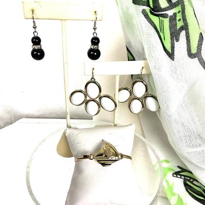 277 Green Sailboat Scarf, Three Earrings, Sailboat Bangle Bracelet