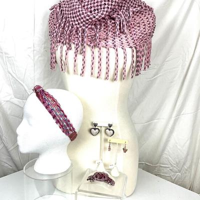 279 Pink Knit Infinity Tube Scarf, Pink Headband, Heart Earrings, Buckle Rhinestone Barrette