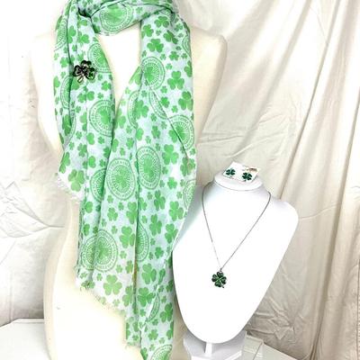 280 St. Patty's Day Scarf, Shamrock Necklace, Earrings, Brooch