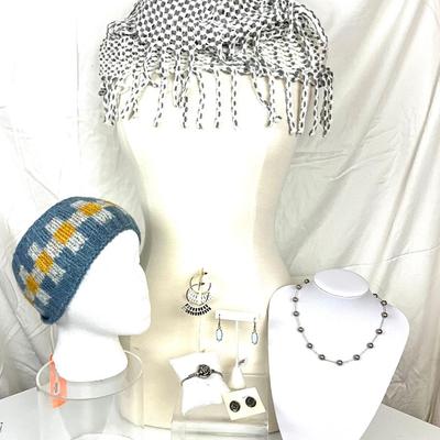 281 Grey and White Tubular Infinity Scarf, Headwrap, Three Pairs of Earrings, Silver Ball Necklace