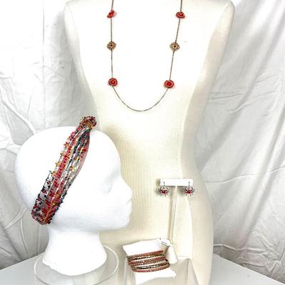 282 Red/Orange Headwrap, Necklace, Crab Earrings, Red Bangle Bracelets